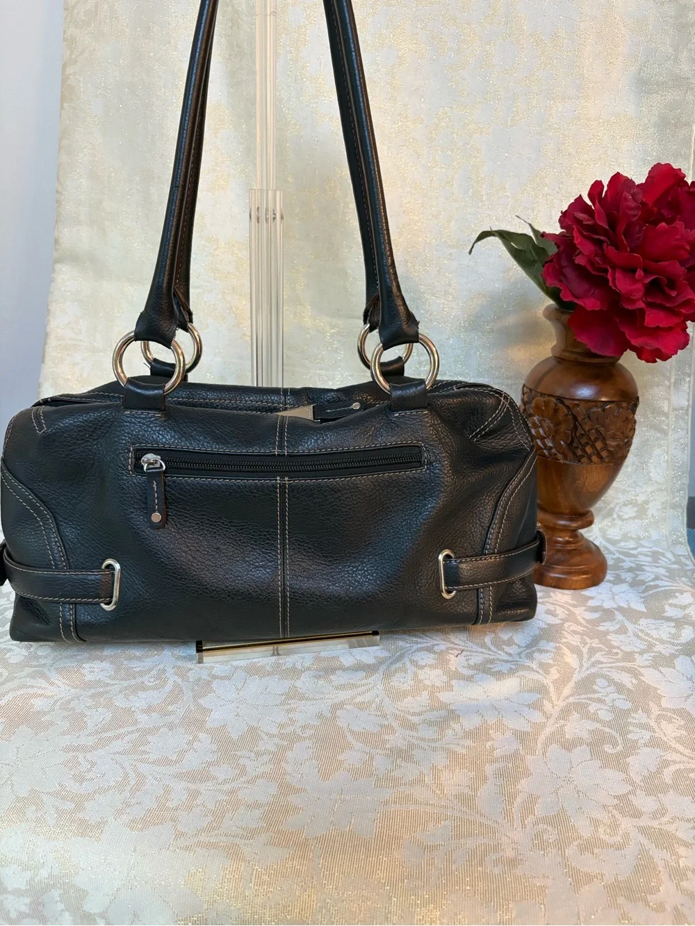 Tignanello Black Pebbled Leather Shoulder Bag with Silver Hardware